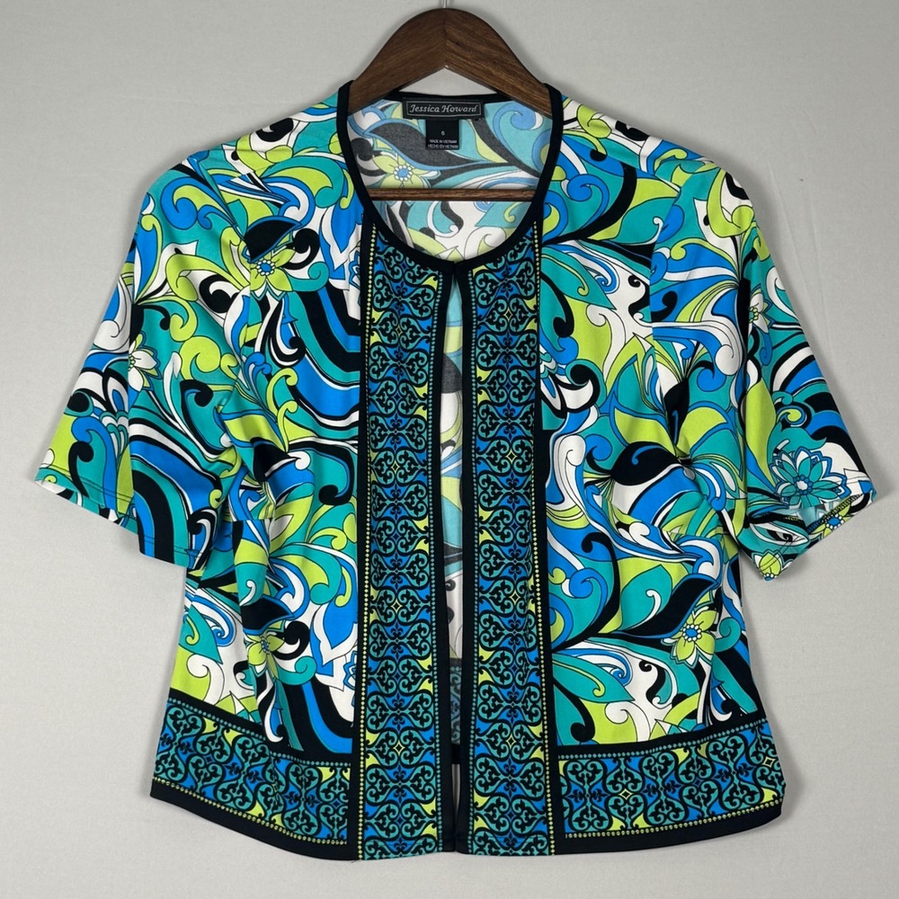 Jessica Howard Jacket Women 6 Blue Green Psychedelic NWOT Short Sleeve Cropped